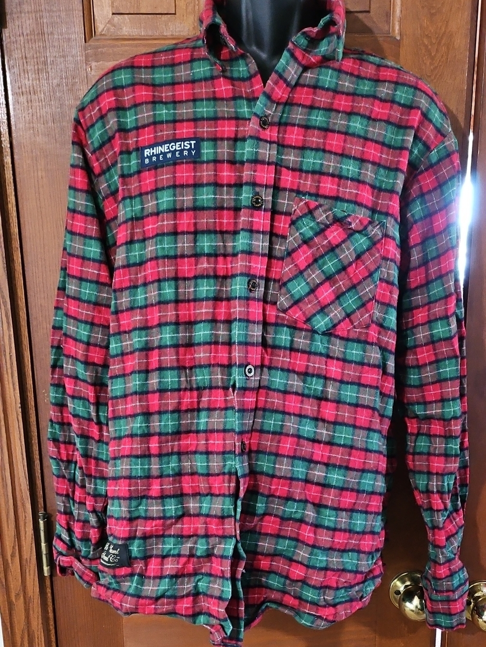 Rhinegeist Brewery Red & Green Plaid Flannel Shirt 100% Cotton Sz XL